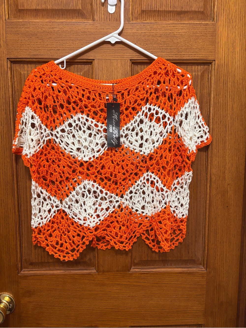 Miss Kelly 1999 Open-Knit Chevron Short-Sleeve Top in Orange & Cream Sz L. NWT